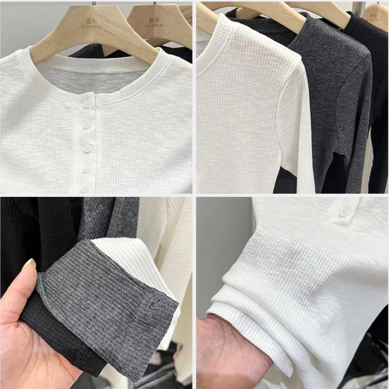 Autumn Women T Shirt Vintage Slim Fit Versatile T-Shirt Women Casual Solid Button O-Neck Long Sleeve Tees Femme Ribbed Y2k Top