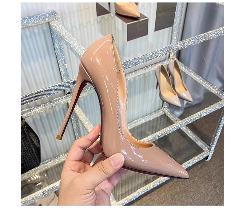 HLTINO 12CM Brown Patent Leather Pumps Women Red Bottom Heels Elegant High Heeled Stilettos Evening Shoe for Party