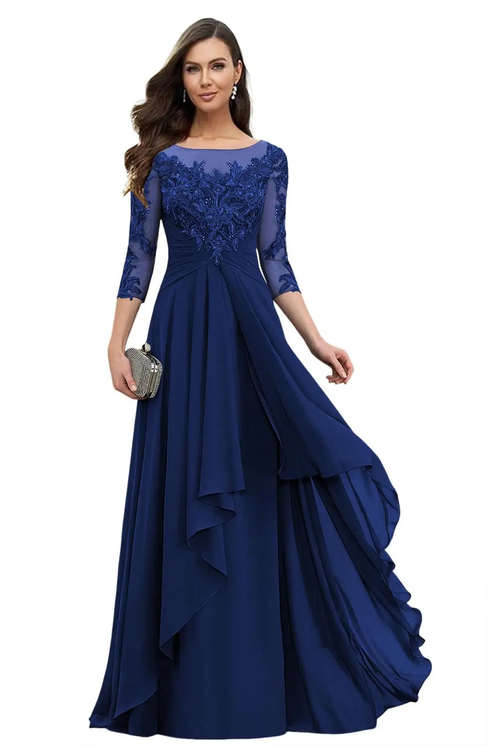 Women's Elegant Lace Mother of The Bride Dresses Scoop Neck Chiffon Ruffles Formal Evening Gowns A-Line Wedding Guest Gowns