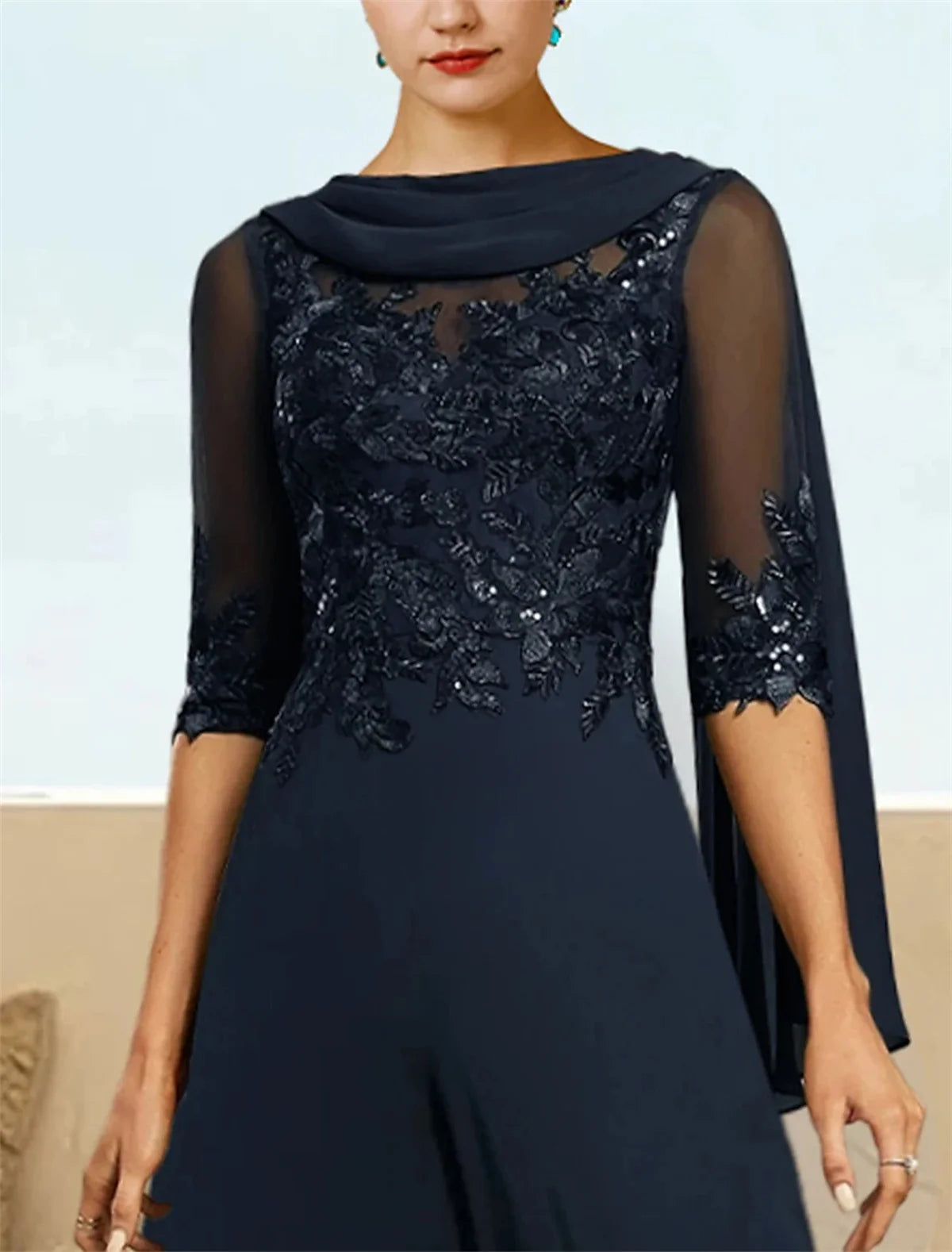 Customized Elegant Lace Applique A Line Mother Of Bride Dresses With Scarf Women's Half Sleeves Boat Neck Evening Prom Dresses