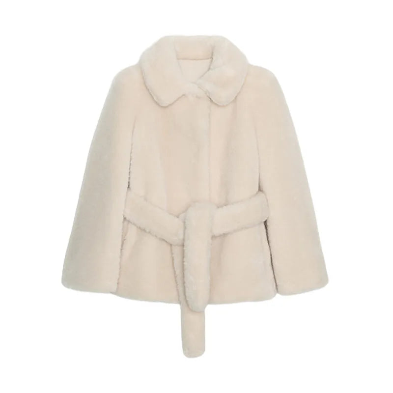 Elegant Women's Faux Fur Coat Jackets Lapel Collar Belted Jacket Warmed Outwear Winter Casual Tops 2025 Fashion Lace-up Ouftit