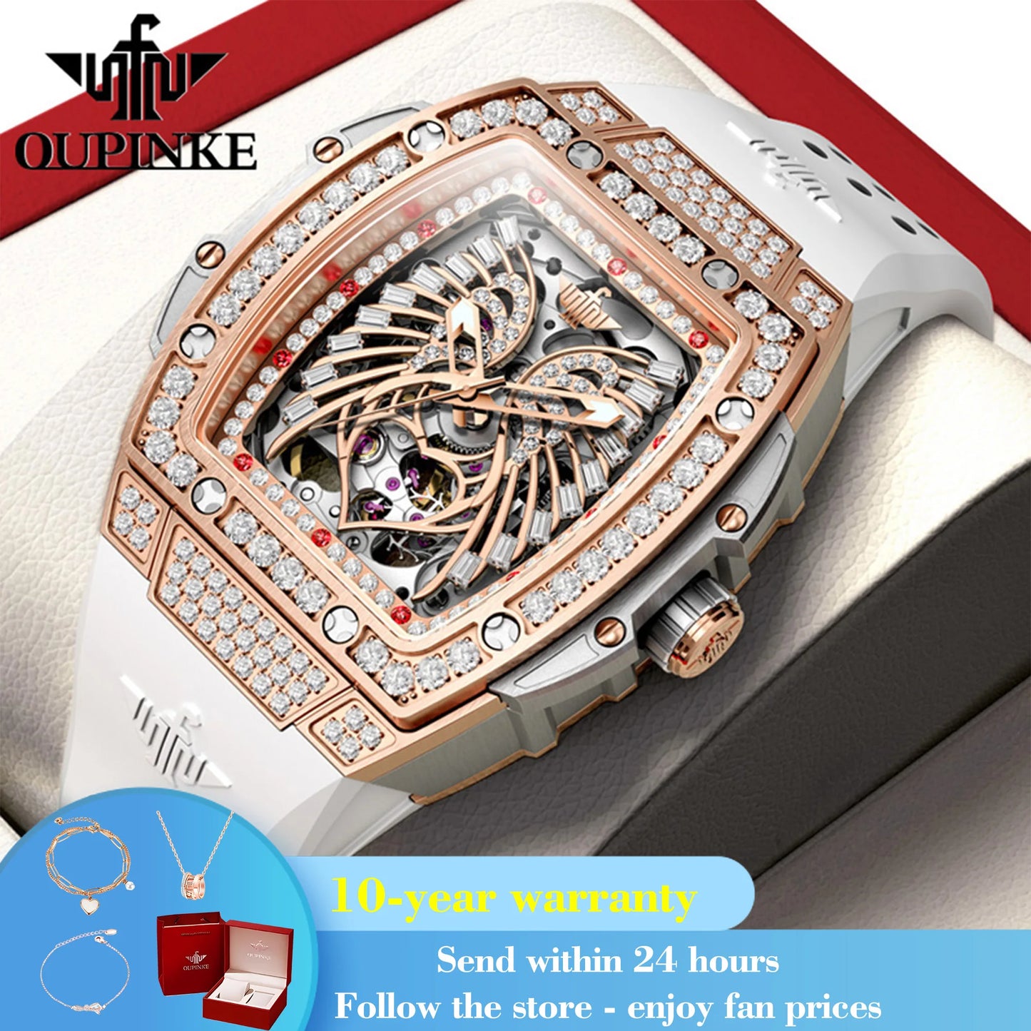 OUPINKE 3225 Women's Watch Big Dial Skeleton Mechanical Watch For Women Diamond Luxury Deep Waterproof Automatic Wrist Watches