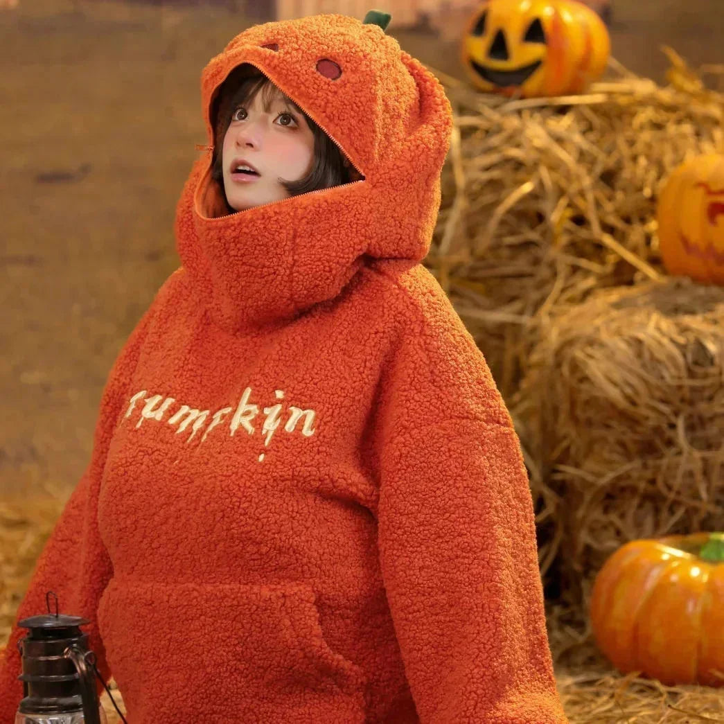 Halloween Lamb Pumpkin Sweatshirt Winter Clothes Pumpkin Jacket Autumn Cute Head Plush Decorated Hoodie Loose Warm Pullover Top