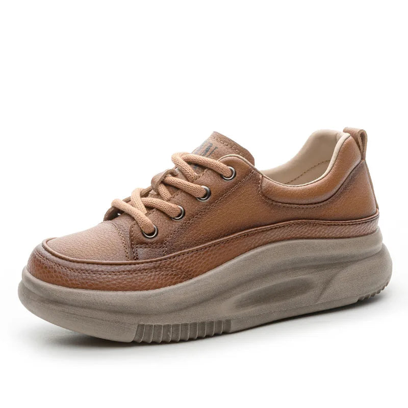 DRKANOL Fashion Women Thick Bottom Casual Sneakers Round Toe Genuine Cow Leather Chunky Platform Lace-Up Lightweight Shoes Lady