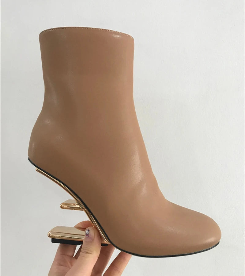 2025 New White Women Letter Strange High Heel Boots Black Wedge Shoes Autumn Winter Leather Short Botas Femininas Ladies Wedges