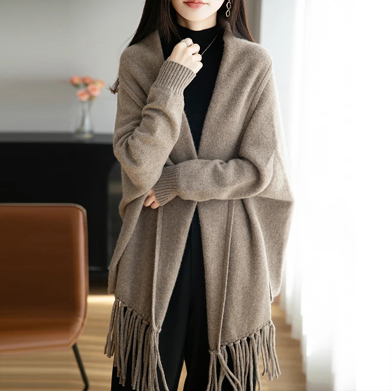 2025 Autumn Winter New 100% Pure Wool Shawl Cardigan, Women's Tassel Jacket, Loose Cape, Versatile, Stylish Highend Korean Style