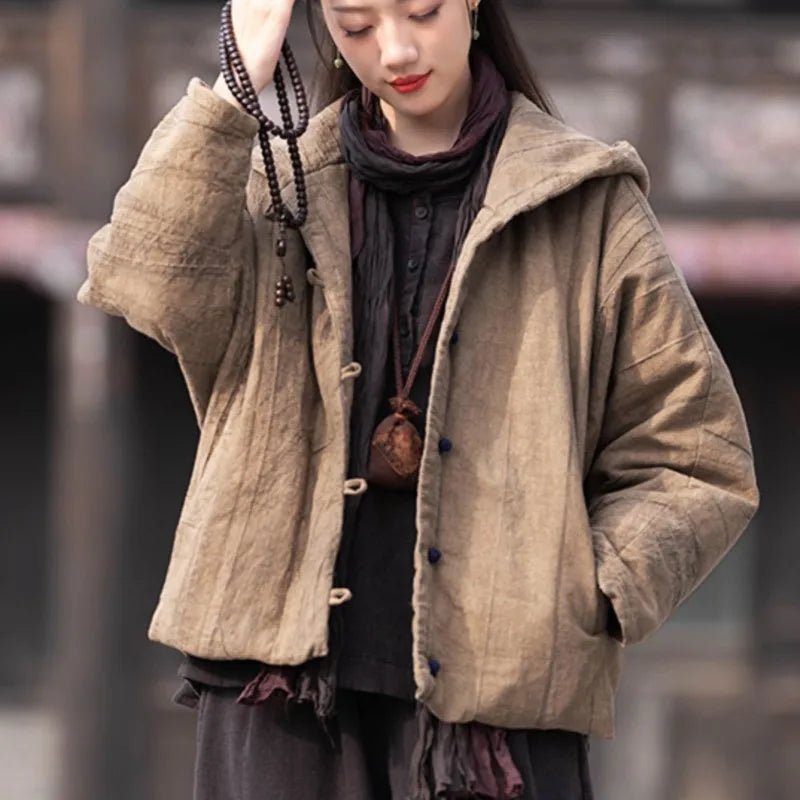 Johnature Women Vintage Cotton Ramie Hooded Parkas Button Long Sleeve Warm Coats 2025 Winter New Chinese Style Women Parkas