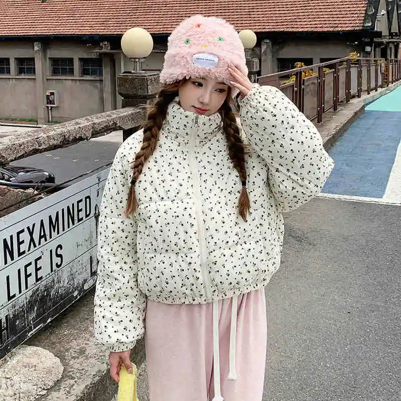 Fashionable Women Floral Cotton Coats Winter Korean Style Stand Collar Full Sleeve Tops Cute Warm Female Short Jackets