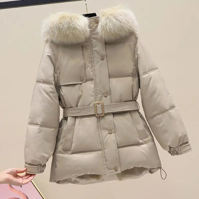 Women's winter hooded down jacket fur neck hooded long coat fashion hooded warm coat comfortable slim fit coat nice outdoor wear