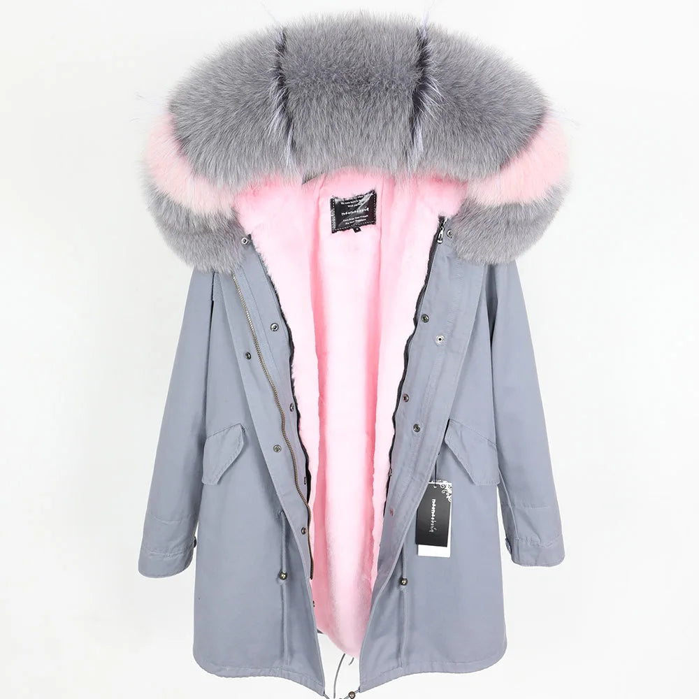 MaoMaoKong Natural Real Fox Fur Jacket Hooded Black Waterproof Woman Winter Warm Coat Parkas Luxury Jacket Female Clothing