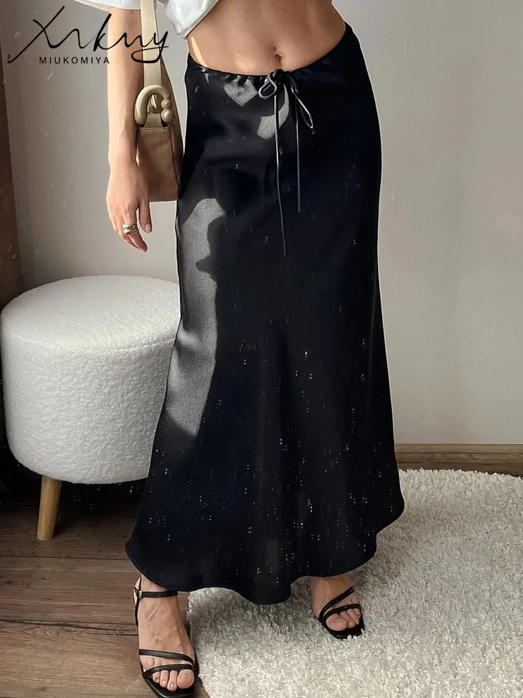 High Waist Long Satin Skirts For Women Spring 2025 Black High Quality Women's Drawstring Gray Satin Long Skirt Mermaid Beige