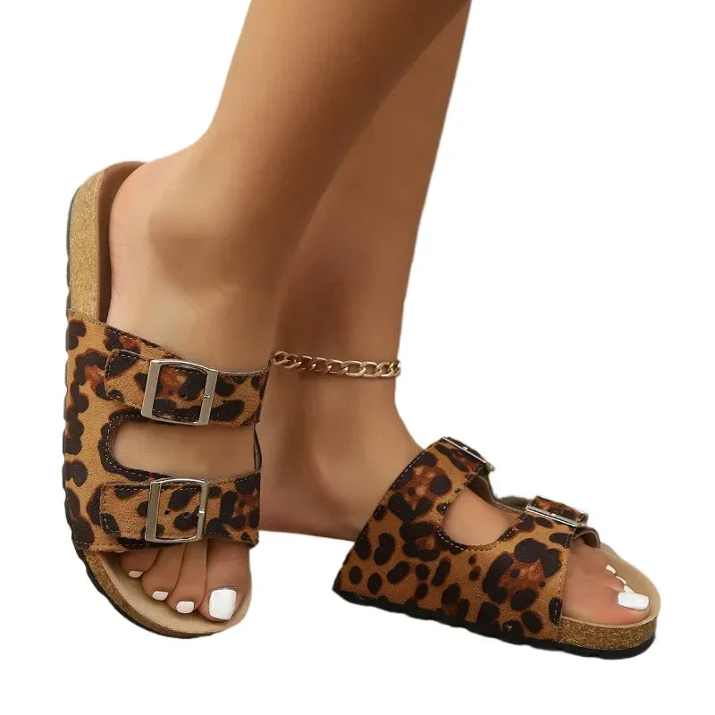 Fashion Leopard Women's Slippers New Cork Slippers Women Summer Outdoor Non-slip Shoes Buckle Sandals Woman Beach Flat Slippers