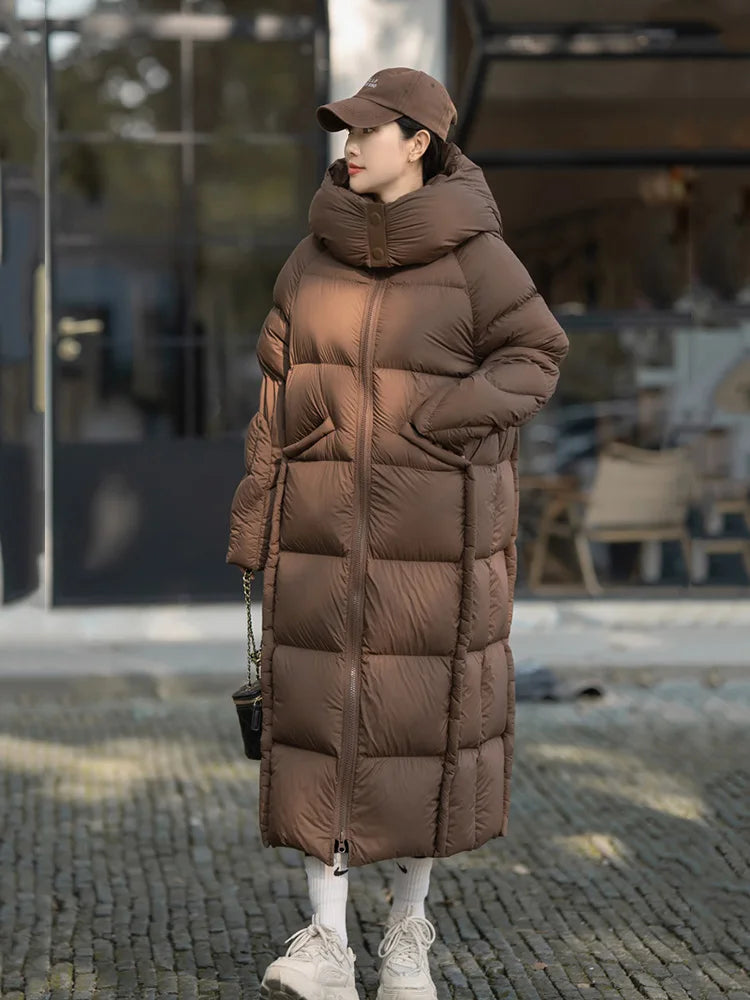 Winter 90 White Duck Down Long Hooded Down Jacket for Women Maillard -15° Thick Warm High-quality Solid Knee Length Down Jacket