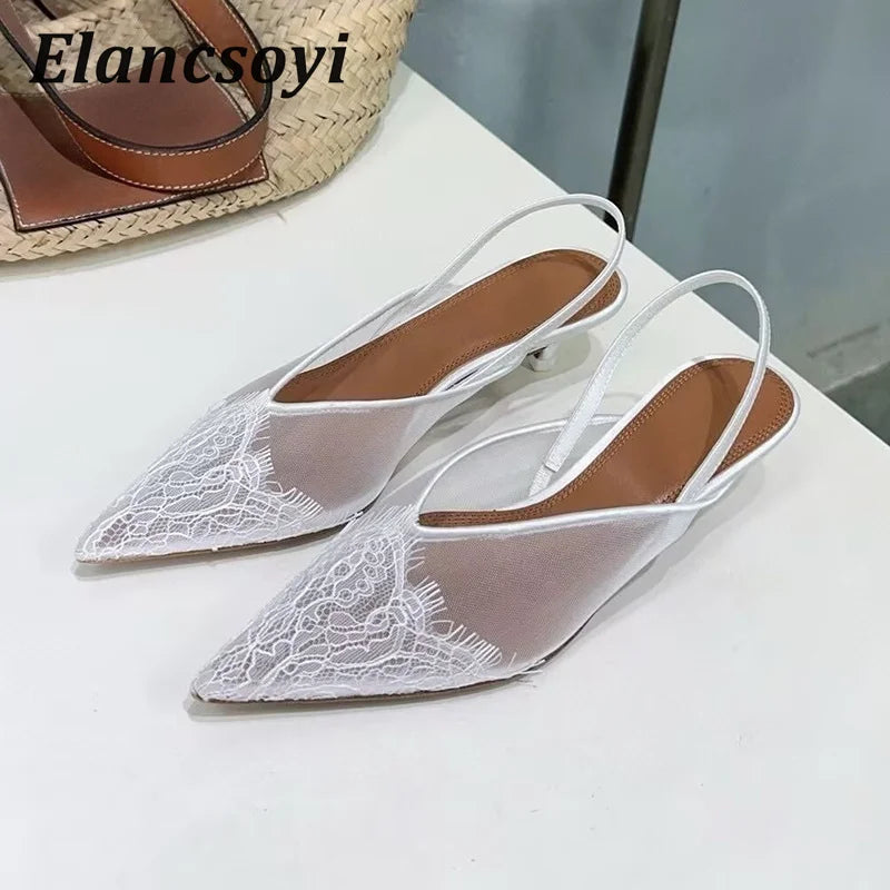 Fashion Satin Lace Kitten Heels Pointed Toe Sandals Women Pumps Low Heels Back Strap Sandalias Summer Elegant Banquet Shoes