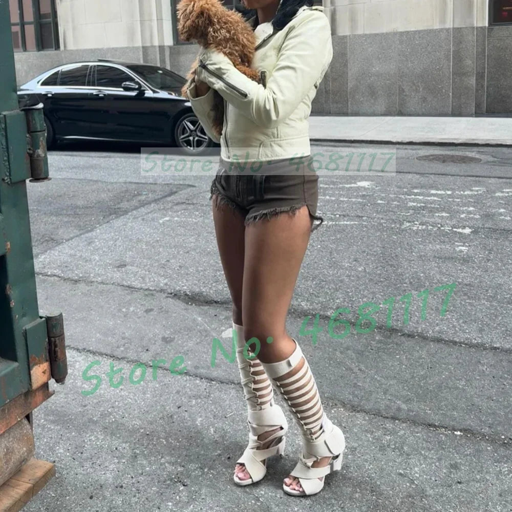 Grey Belt Buckles Tall Sandal Boots Women Trendy Sexy Puttee Cross Strap Heeled Shoes Ladies Open Toe White Flock Hollow Sandals