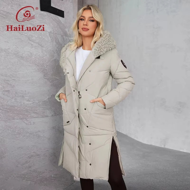 Hailuozi 2024 New Winter Women's winter jacket with large pocket hooded sheepskin classic fashion women's coat 51