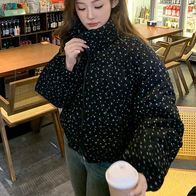 Fashionable Women Floral Cotton Coats Winter Korean Style Stand Collar Full Sleeve Tops Cute Warm Female Short Jackets