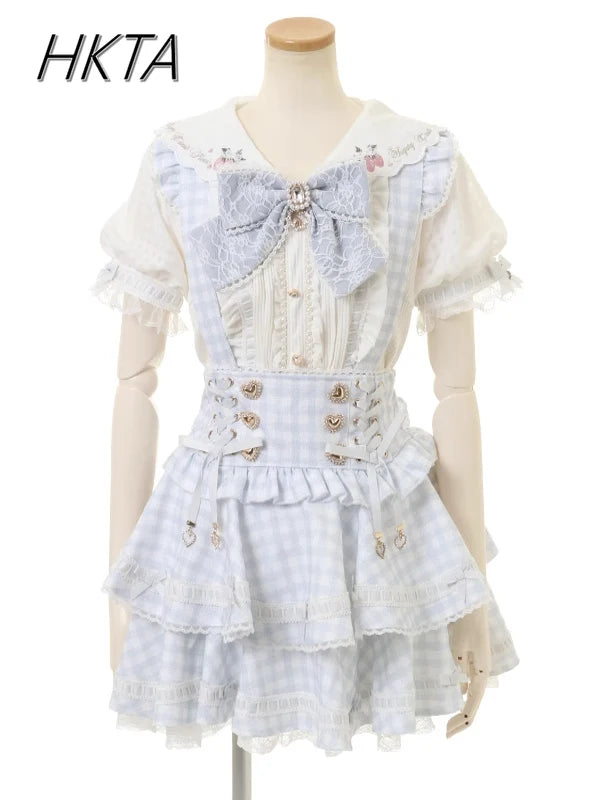 Japanese Liz Skirts Plaid Strap Skirt Girl Mine Mass-produced Cake Skirts 2025 Spring New Ruffle Leaf Edge Bow Short Skirt Women