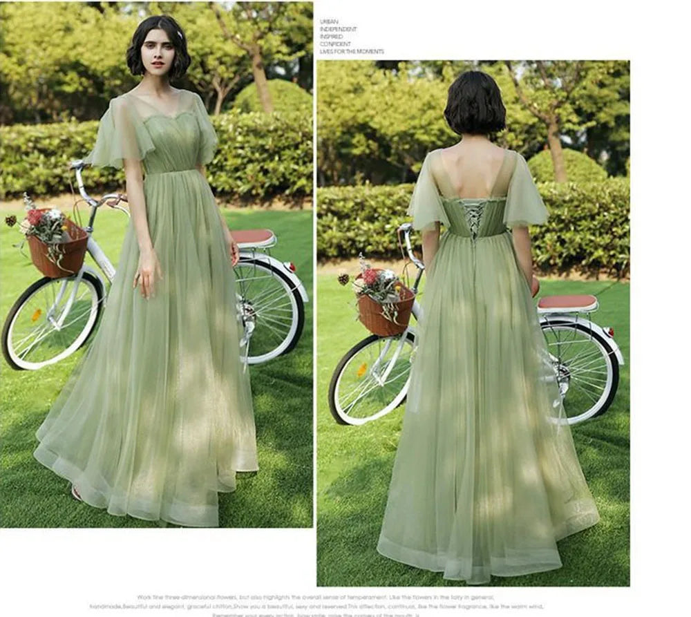 Elegant 4 Styles Green Tulle Bridesmaid Dress Floor Length Off Shoulder A-Line Gown Simple Solid Wedding Party Guest Vestido