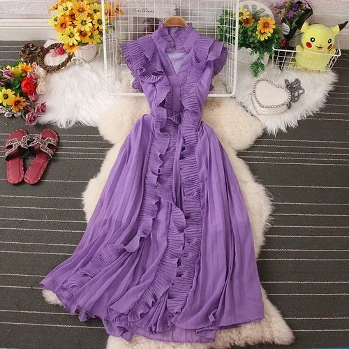 Sweet Ruffles Skinny Dresses Spring Casual Sleeveless V-neck Elastic High Waist Pleated Femme Vestidos Chic Solid Colours Dress