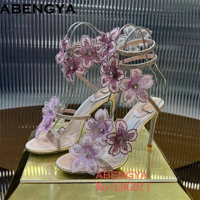 2025 Summer High Heels Sandals Women Crystal Flower Snake Strap Stilettos Party Shoes Shinny Female Sandalias Mujer