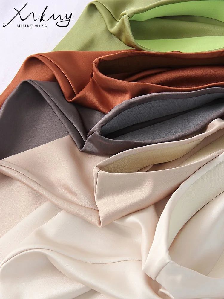 Green Satin Midi Skirts For Women Summer Elastic High Waist A Line Slit Skirt Midi Satin Silk Women Skirt With Slit Summer 2024