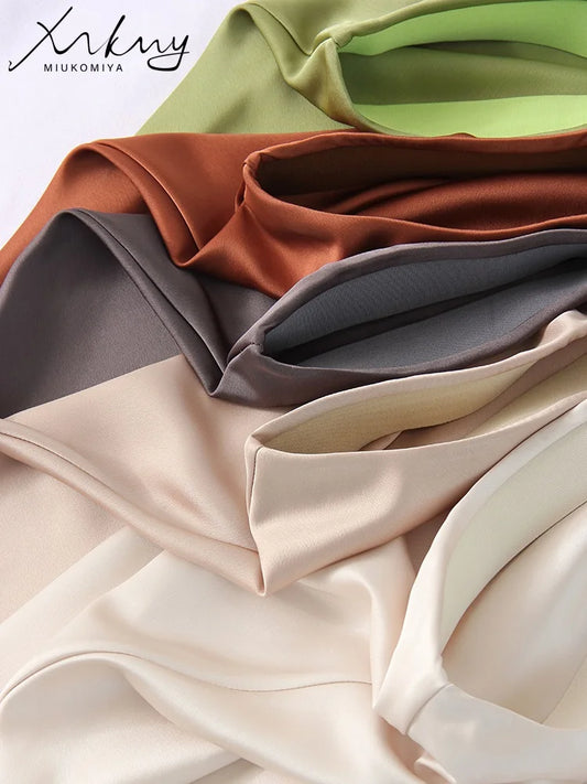 Green Satin Midi Skirts For Women Summer Elastic High Waist A Line Slit Skirt Midi Satin Silk Women Skirt With Slit Summer 2024