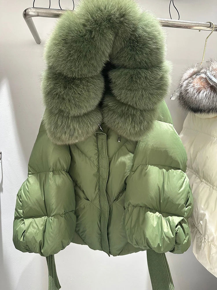 Winter Hooded Natural Large Fur Collar Down Jacket Female Warm Quilted Lantern Sleeve Jacket Women White Duck Down Solid Outwear