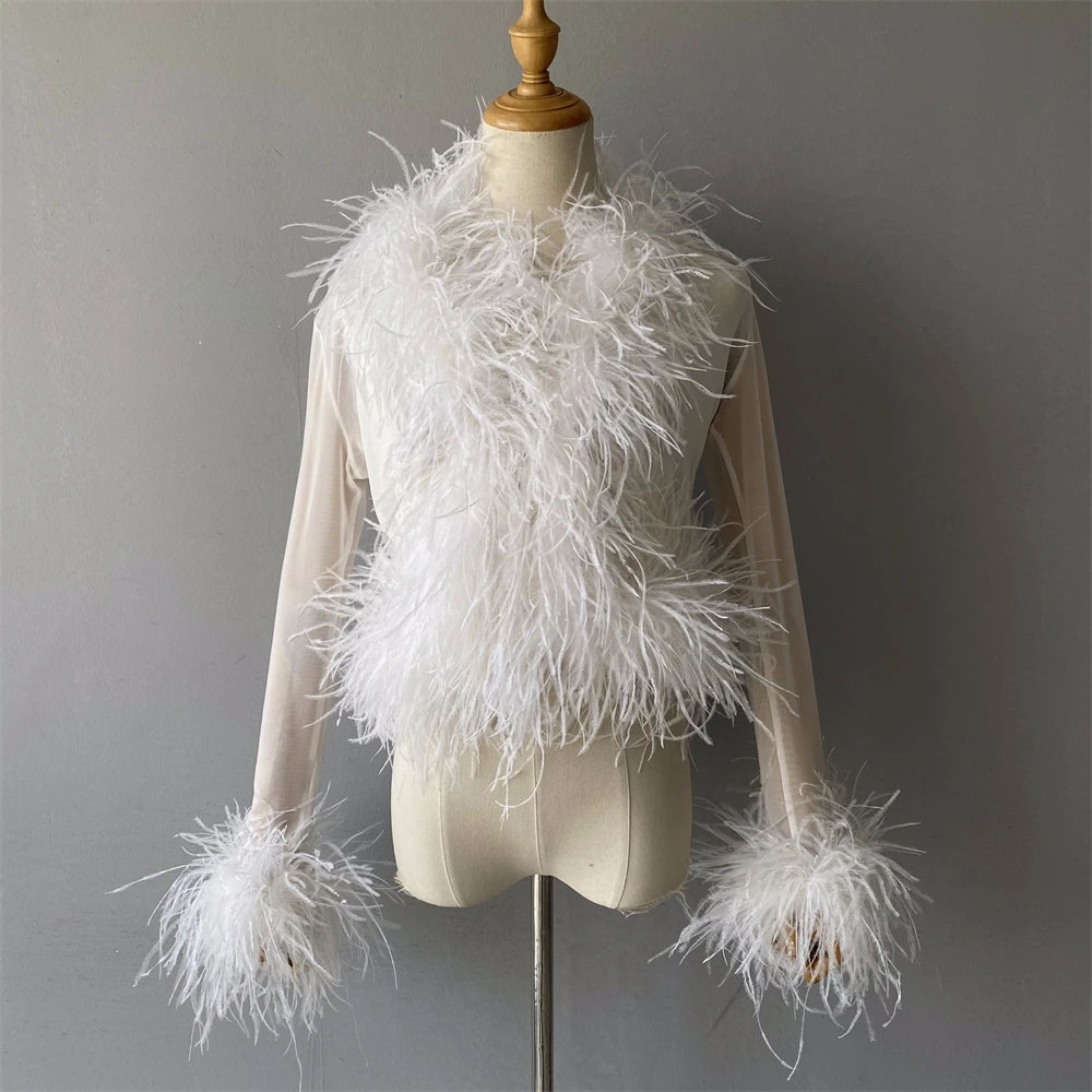 Jxwatcher Women's Sexy Mesh Feather Tops Spring Summer Ladies Vintage Celebrity Real Ostrich Feather Coat Fashion Party Wear New