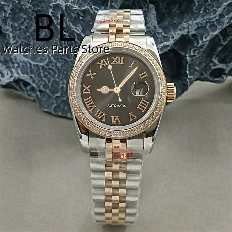 BLIGER 31mm NH05 Automatic Watch For Women Pink Gold Gray Purple Sunburst White Mother Pearl Dial Diamond Index Steel Bracelet