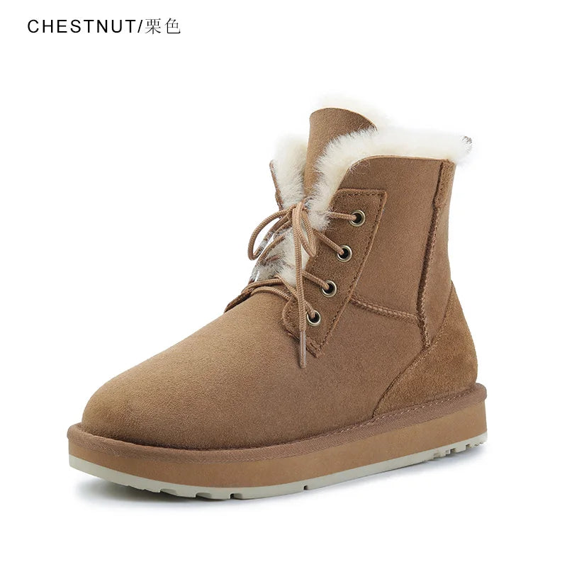 INOE Women Fashion Casual Short Winter Snow Boots Sheepskin Suede Leather Shearling Sheep Fur Wool Lining Warm Shoes Waterproof