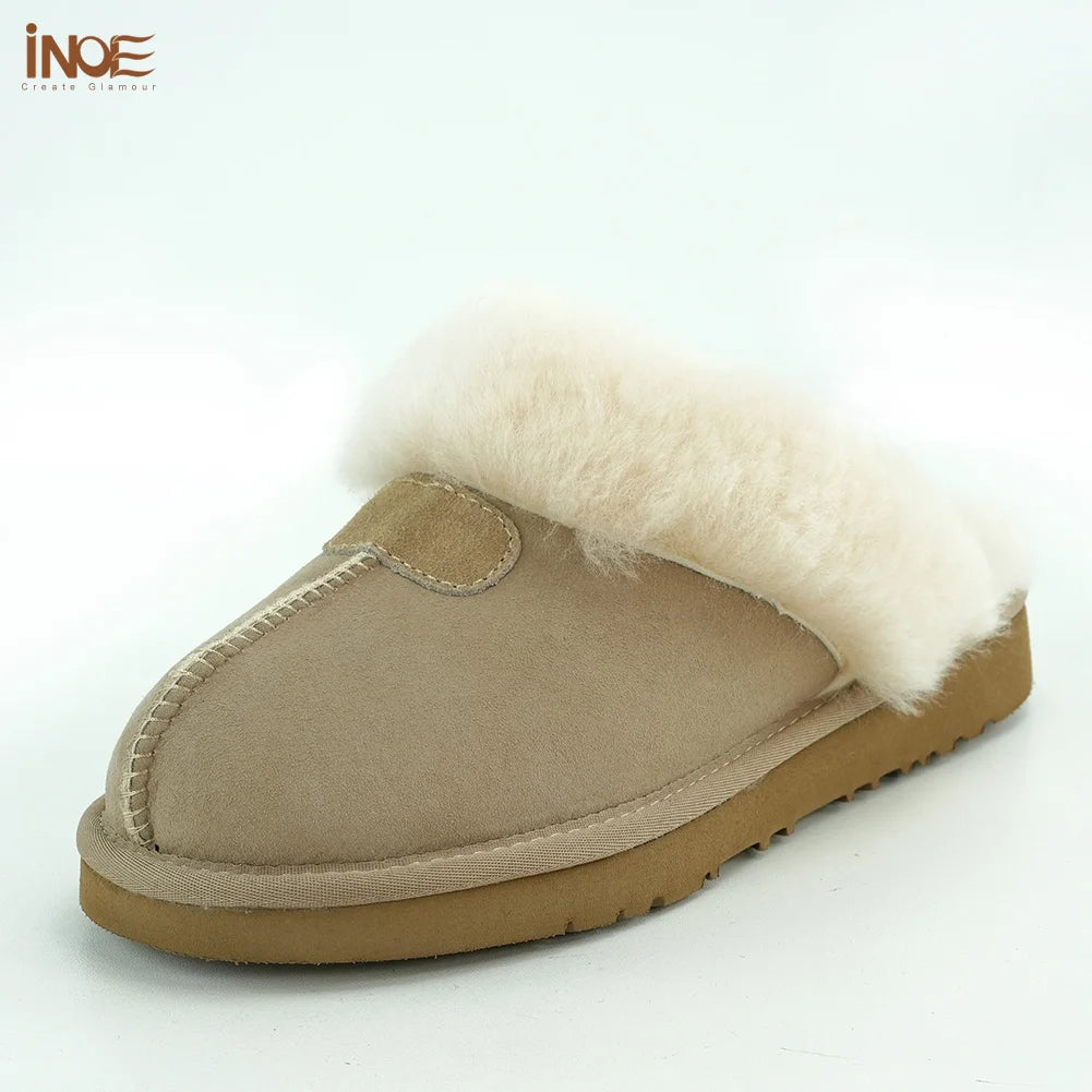 INOE Women Real Sheepskin Suede Leather Natural Wool Sheep Fur Lined Winter Slippers Cazy Loafer Home Shoes Baboon in House Flat