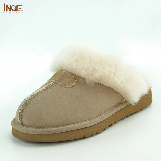INOE Women Real Sheepskin Suede Leather Natural Wool Sheep Fur Lined Winter Slippers Cazy Loafer Home Shoes Baboon in House Flat