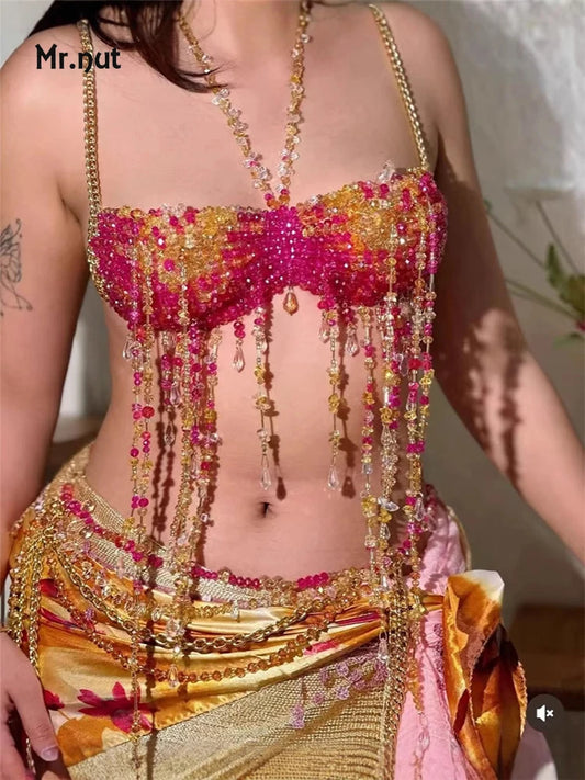 Mr. Nut 2025 New Color Bead Tassel Body Chain Hanging Neck Outer Top Trendy Chest Decoration for Women