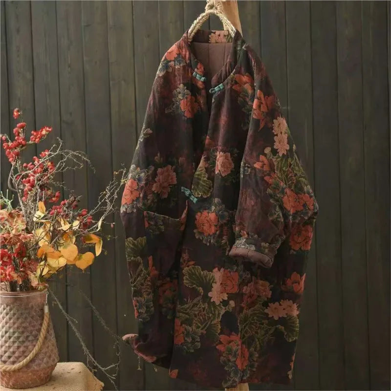 Johnature 2025 Woman Winter New Splicing Vintage Chinese Style Print Long Sleeves Parkas Fashion Loose Single Breasted Parkas