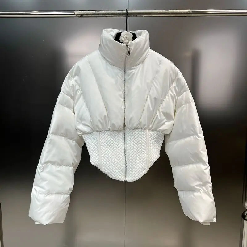 PREPOMP 2023 Winter New Collection Long Sleeve Zipper Stand Collar Slim Waist Short Jacket Women Cotton Coat GM099