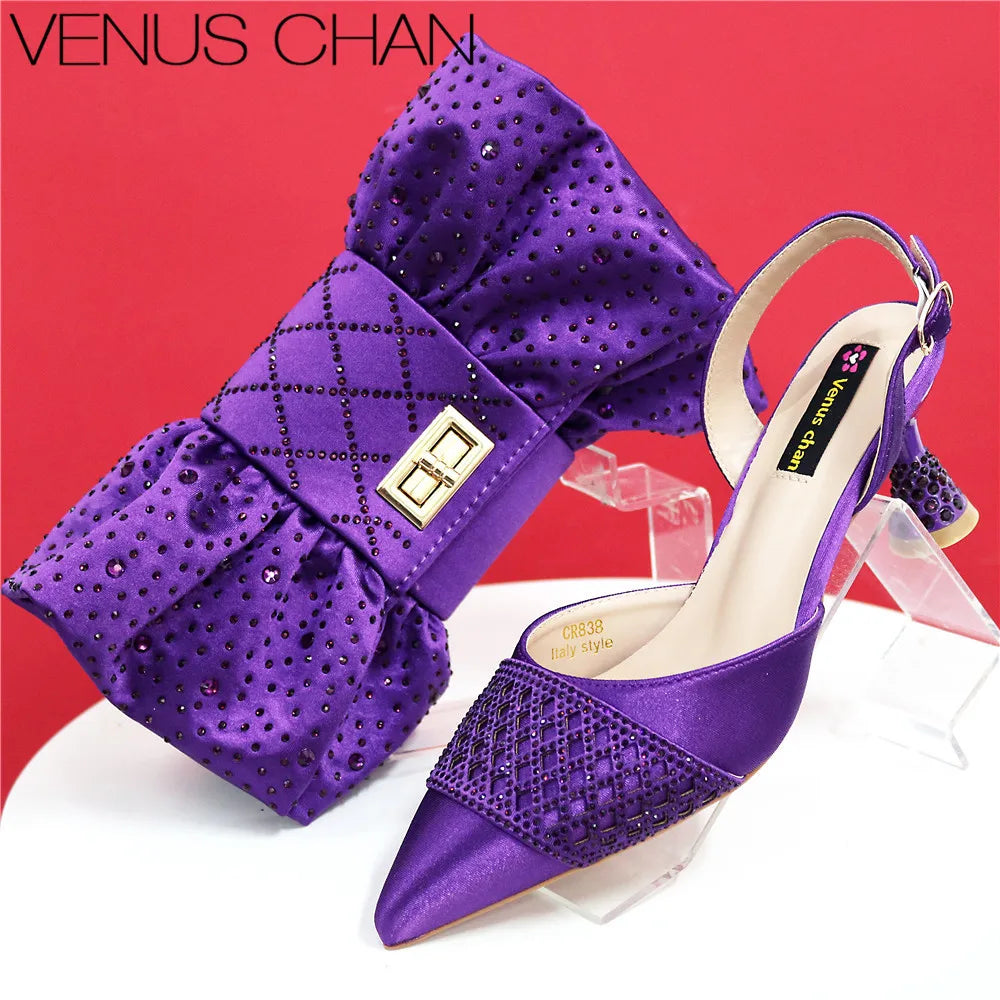 High Quality 2025 Italian Design Embossed Varnish Style Big Diamond Decoration Classic Noble Women Shoes and Bag Set