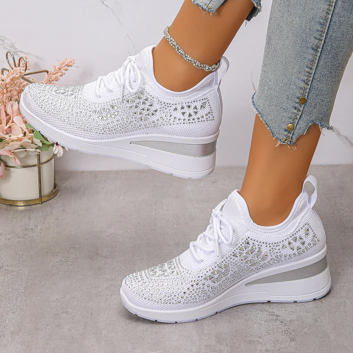 Women's Sneakers Shiny Rhinestone Wedge  Breathable Knit Non Slip Walking Shoes Woman Plus Size Fashion Thick Sole White Sneaker