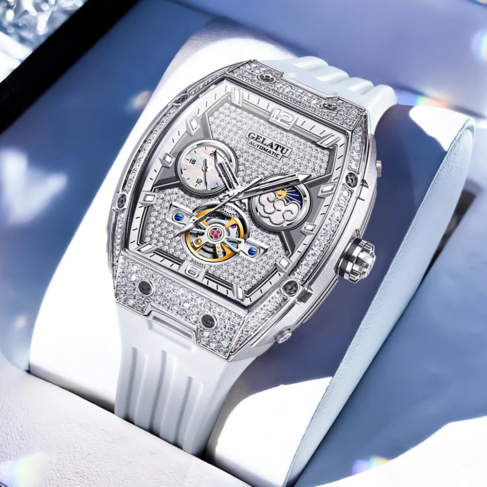 GELATU 6016 Women Watch Luxury Full Diamond Hollow out Dial Silicone Waterproof Moonphase Watch Women Automatic Mechanical Watch