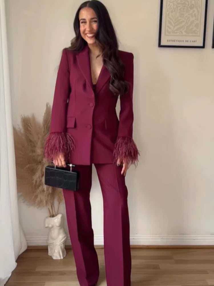 Lady Solid Lapel Blazer Suit Full Sleeve V-neck Single Breasted Straight Leg Pants Suits 2025 Fashion New Office Commute Outfit