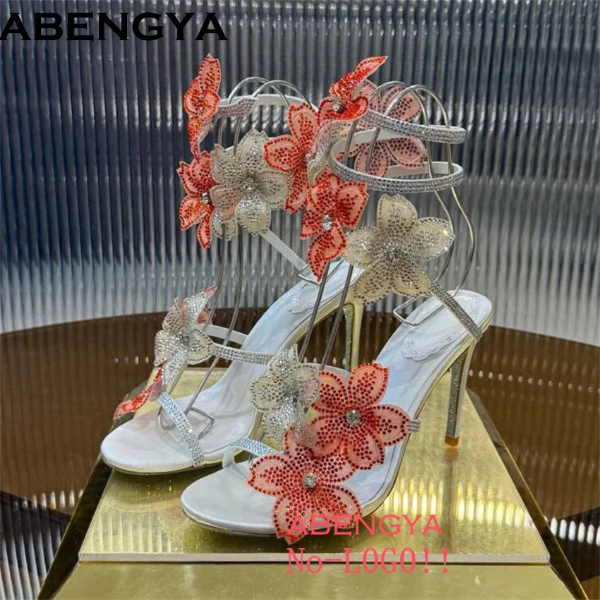 2025 Summer High Heels Sandals Women Crystal Flower Snake Strap Stilettos Party Shoes Shinny Female Sandalias Mujer