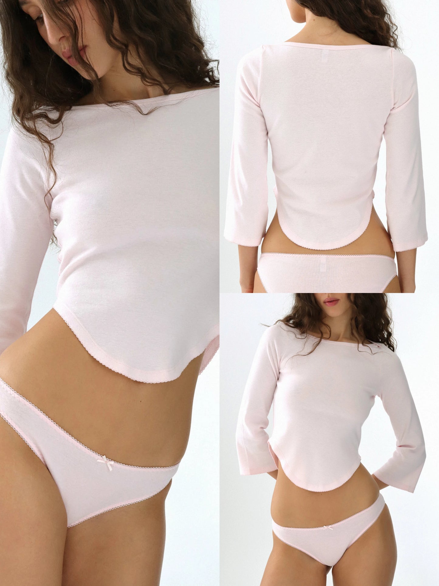 Cou Autumn Three-Quarter Sleeve Black Round Neck Long-Sleeve T-Shirt V-Shaped Hem Design Gray Top Casual Fashion White Top Lace Design Pink Base Shirt