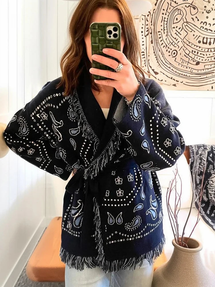 Fashion Printed Tassel Patchwork Cardigan Women V-neck Long Sleeve Loose Sweater Lady Autumn Daily Commute Street Knitwear