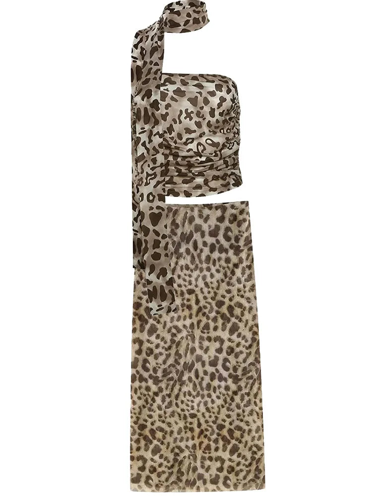 Women's tulle leopard print top shoulder straight neck and leopard print straight skirt summer casual girls two-piece set