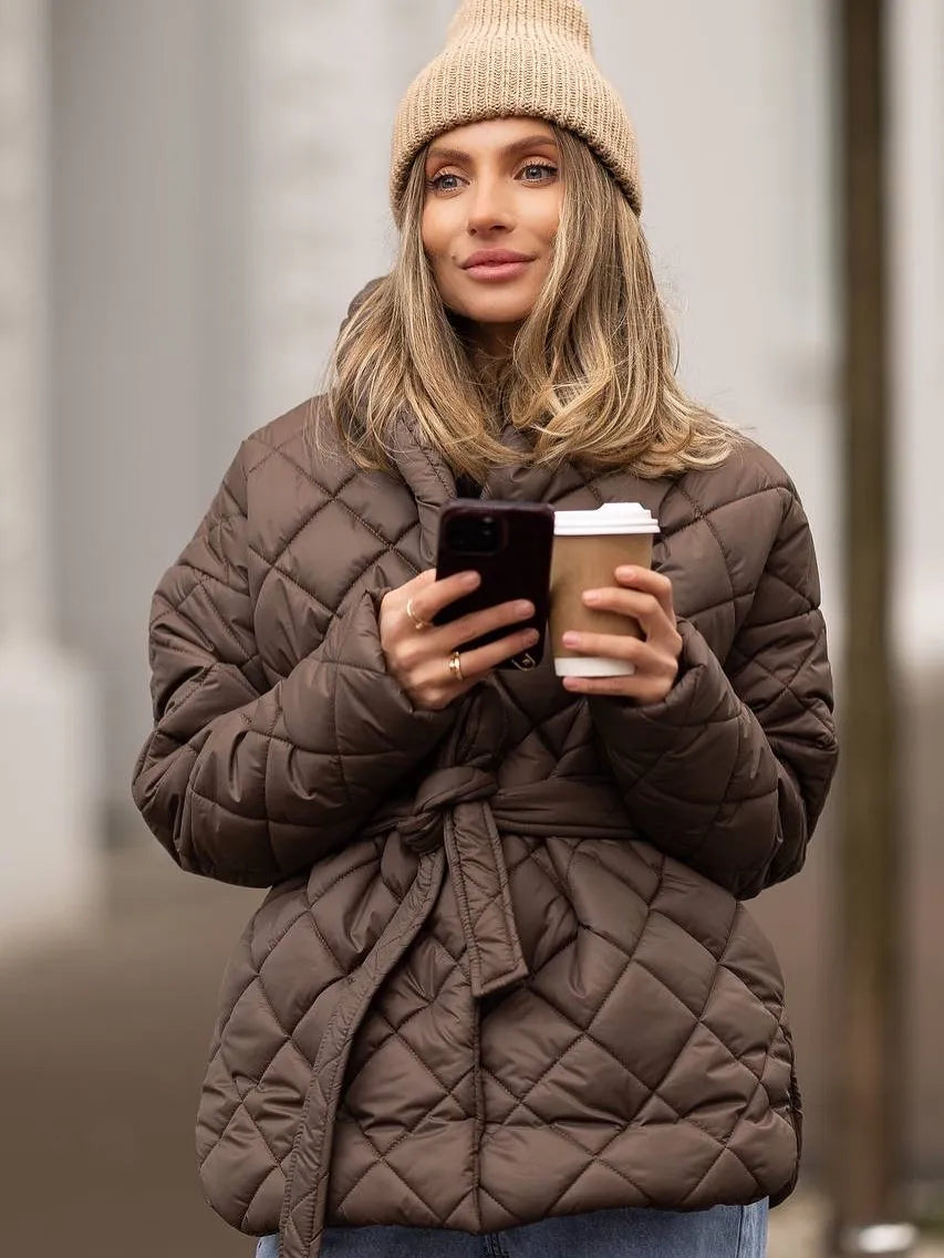 Lace Up Cotton Coat Lady Fashion Casual Stand Collar V-neck Full Sleeve Loose Outerwears Women Winter Daily Commute Street Coats