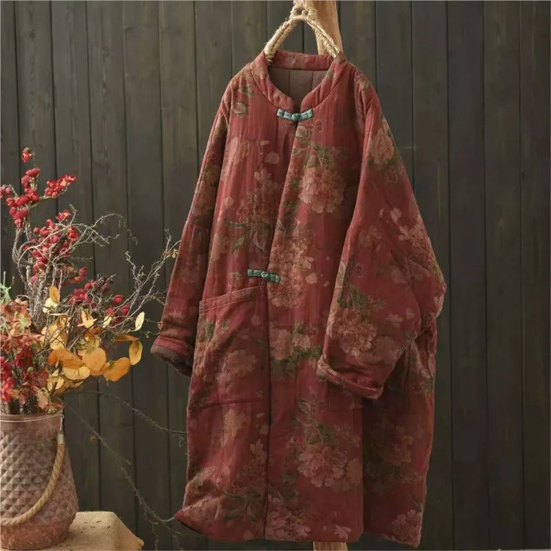 Johnature 2025 Woman Winter New Splicing Vintage Chinese Style Print Long Sleeves Parkas Fashion Loose Single Breasted Parkas