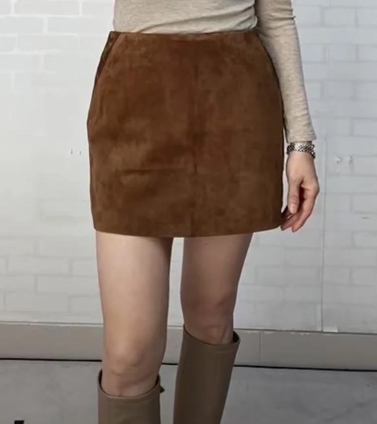Suede Leather Mini Skirt for Women 2025 Spring Chic Sexy Slimming  A-line Pocket Micro Jupe Mujer Streetwear Show Long Leg Saias