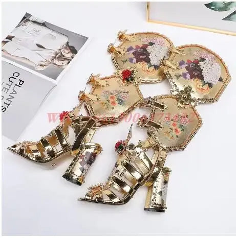 design luxury woman gold Roman diamonds Gladiator sandal boots lady hollow chunky high heel diamonds Gladiator sandal boots
