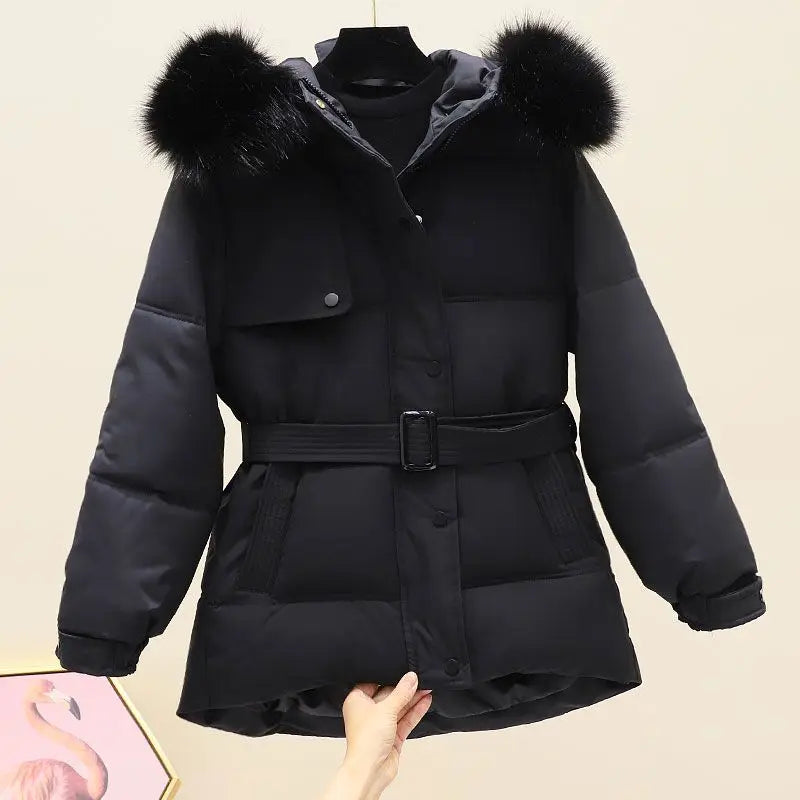 Women's winter hooded down jacket fur neck hooded long coat fashion hooded warm coat comfortable slim fit coat nice outdoor wear