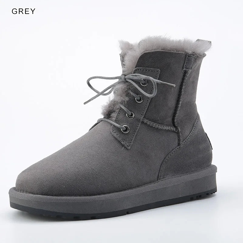 INOE Women Fashion Casual Short Winter Snow Boots Sheepskin Suede Leather Shearling Sheep Fur Wool Lining Warm Shoes Waterproof